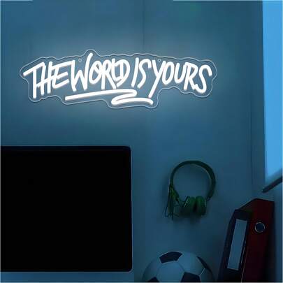 1pc White Soft Glow "The World Is Yours" Inspirational Neon Light (Includes USB Cable + Installation Hook): The White Soft Glow Light Effect Is Cool And Eye-Catching, Made Of Durable Acrylic Material. It's A And Inspiring Decorative Item. The "Handwritten Style Text + Underline Detail" Design, With Sharp Font And Gradient Lighting Effect, Matches The Pioneering Personalized Vibe. The Soft And Tensioned Lighting Can Both Emotionally Inspire And Create A Comfortable Ambiance.
