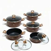 10pcs Granite Nonstick Cookware Set Aluminum Die-Cast Induction Gas Compatible Tempered Glass Lid - Brown - View 1