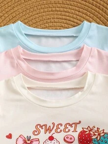 3pcs/Set Girls' Sweet Cute Strawberry Print T-Shirts, Casual Simple Fashion, Suitable For Young GirlDaily Wear And Gatherings, Spring/Summer - Pink - View 3