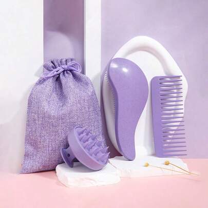 3pcs Wheat Straw Wide-Tooth Comb Set, Comes With Gift Bag, Creates Smooth & Voluminous Hairstyle, Cute Girl Combs, Essential For Home & Travel, Available In Pink & Purple, Perfect For Back To School, Vacation, Women Hair Accessories