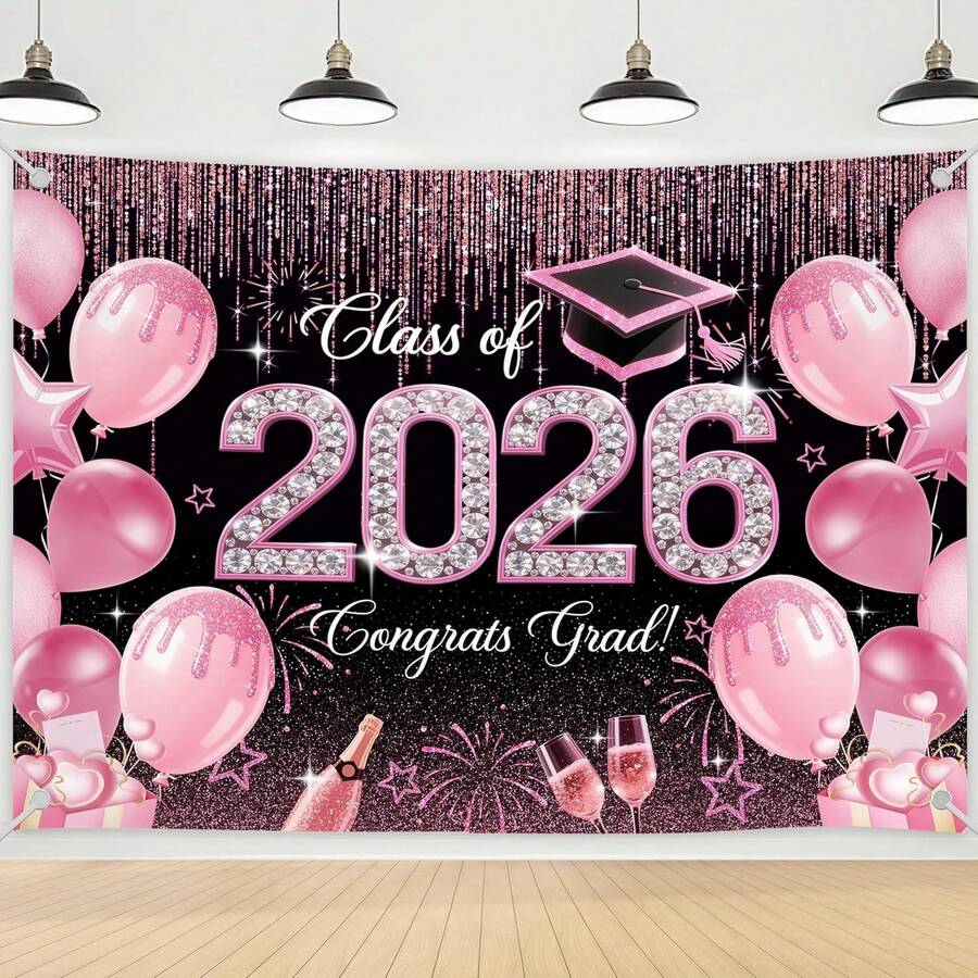 1pc 2026 Graduation Decorations Banner, Pink Glitter Class Of 2026 Party Backdrop, Congrats Grad Wall Hanging For Graduation Party Decor, Graduation Season Decor - Màu1 - Xem 1