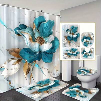 1/4pcs Shower Curtain Set, Single Blue Rose Pattern Shower Curtain, Includes 12 Hooks, Anti-Slip Bath Mat, U-Shaped Toilet Mat, Toilet Seat Cover, Bathroom Decor, Shower Curtain Set For Bathroom
