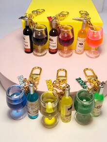 2026 锌合金和亚克力仿酒杯/酒瓶钥匙扣套装，亚克力主题葡萄酒钥匙扣套装，适用于钱包、车钥匙、派对礼物和节日礼物。 - 彩色 - 查看 2