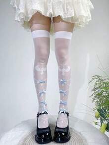 1双洛丽塔风格蝴蝶提花图案过膝袜，轻盈甜美，适合女孩 - 彩色 - 查看 6