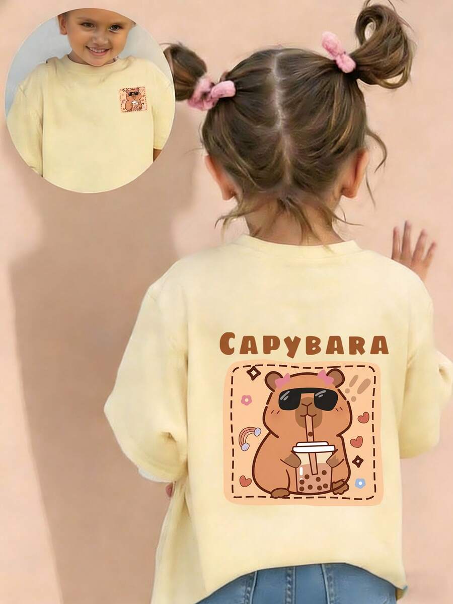 Young Girl Casual Graphic Print Crew Neck Short Sleeve T-Shirt, Summer Top - Apricot - View 1