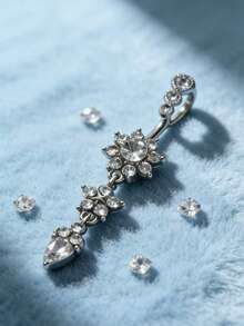 1pc 5-Pointed Star Flower 3-Segment Pendant With 21pcs Zirconia Stainless Steel Navel Ring, Classic Belly Button Piercing Jewelry For Daily Wear - Flower Shape - View 1