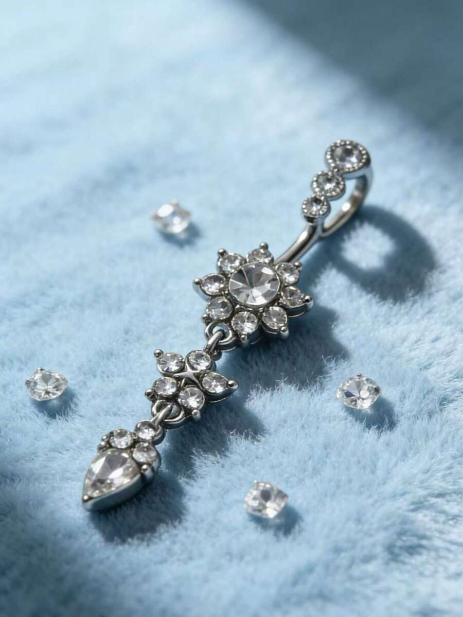 1pc 5-Pointed Star Flower 3-Segment Pendant With 21pcs Zirconia Stainless Steel Navel Ring, Classic Belly Button Piercing Jewelry For Daily Wear - Flower Shape - View 1