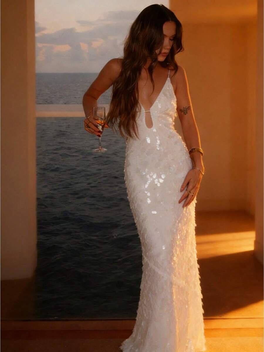 Women's Sequin Formal Dress V-Neck Sleeveless Backless Sparkle Long Evening Maxi Party Prom Dress - 白色 - 查看 1