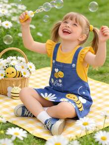 女童无袖连衣裙，春夏无袖连衣裙，卡通蜜蜂印花，柔软面料，亲肤材质，休闲风格，日常穿着，适合4-7岁女孩，女童蜜蜂印花无袖连衣裙 - 黃色 - 查看 4