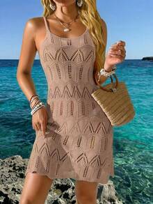 Women's Summer Bohemian Beach Vacation Dress, Colorblock Hollow-Out Knit Camisole Dress - Khaki - View 2