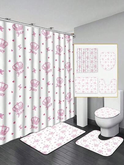 Royal Style Bathroom Set - Pink Crown And Heart Pattern, Includes Shower Curtain, Bath Mat, Toilet Seat Cover And Non-Slip Bathroom Mat, Adds Luxury And Adorable Vibe To Bathroom