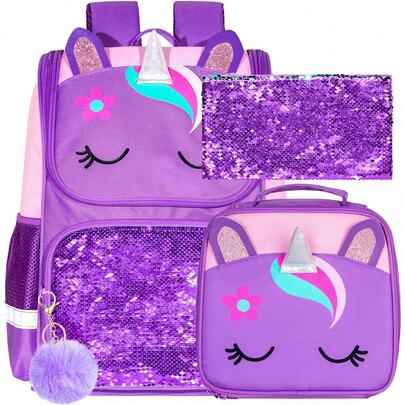 3 Stücke Einhorn Rucksack Set, 15" Mädchen Glitzer Rucksack mit Lunchbox, Kinder Kindergarten Grundschule Tasche - Lila