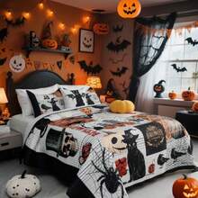 Juego de edredón de Halloween con fundas de almohada juego de ropa de cama con temática de festivales 4 piezas 104 x 90 pulgadas-B027 - Gris - Ver 1