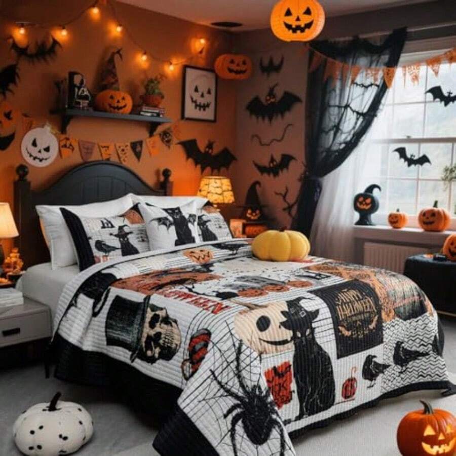 Juego de edredón de Halloween con fundas de almohada juego de ropa de cama con temática de festivales 4 piezas 104 x 90 pulgadas-B027 - Gris - Ver 1