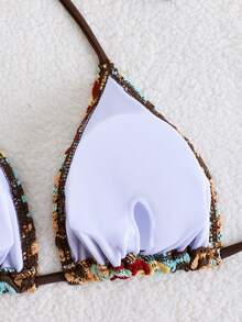 三件套可调节蕾丝比基尼套装，女士沙滩度假泳装 - 摩卡棕 - 查看 6