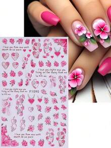 2PCS Red Pink Heart Flowers Nail Stickers Elegant Heart-Shaped Vines Decals Valentines's Day Nail Art Designs Self Adhesive 3D Manicure Accessories Nail Art Decoration For Women Girl - 玫紅色 - 查看 4