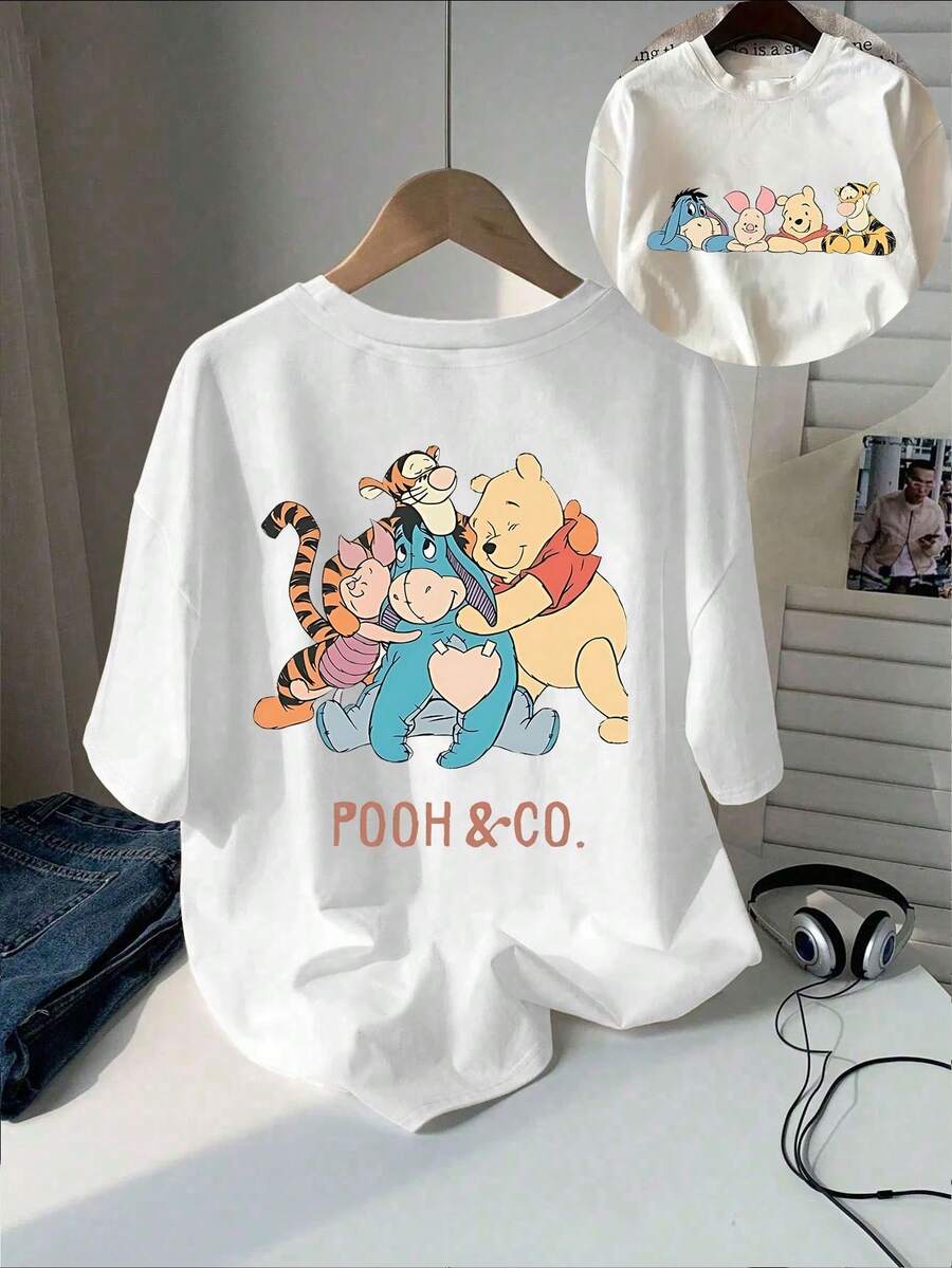 Disney Authorized-Men's Cotton Short-Sleeved T-Shirts, Classic Cartoon Disney Authorized Winnie The Pooh And His Friends To Print T-Shirts On Both Sides, Short-Sleeved Round Neck Casual Shirts, Suitable For Summer And Spring, Short-Sleeved Shirts, Men's Clothing. - 白色 - 查看 1