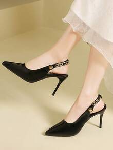 Pointed Toe Rhinestone Embellished Strap Backless Stiletto High Heel Sandals, Elegant French Style, Spring/Summer, Runs Small By Half Size - Black - View 3