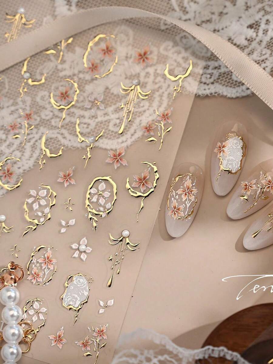 3D Embossed Self-Adhesive Nail Stickers, Featuring Gold Foil Leaf And Peach Blossom Designs, Perfect For Spring-Themed Nail Art And Nail Decals - Multicolor - View 1