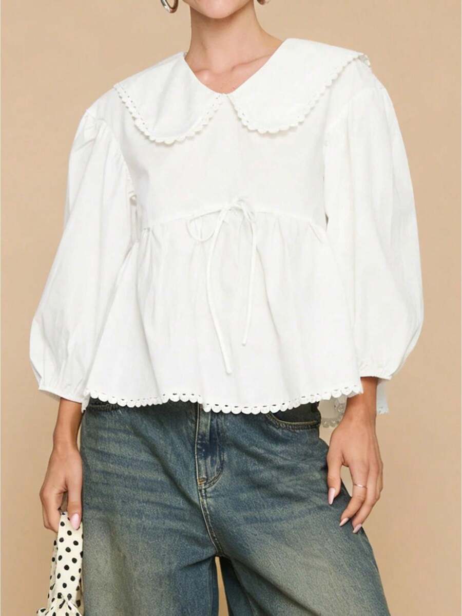 Women's Autumn Casual Tops White Long Puff Sleeve Doll Collar Loose Fit T-Shirts - 白色 - 查看 1