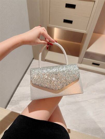 1pc Moonlit Eve Shiny Silver Sequin Handbag - Fashionable & Elegant Women's Clutch Bag, Exuding High-End Quality, Suitable For Formal Occasions, Weddings, Parties, Carnivals And Various Events