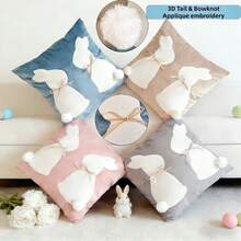 1pc Easter Bunny Pillow Cover - 3D Tail & Handmade Bow, Embroidery Decor For Spring, Farmhouse Living Room & Bedroom, Easter Gift Idea - Pink - View 1