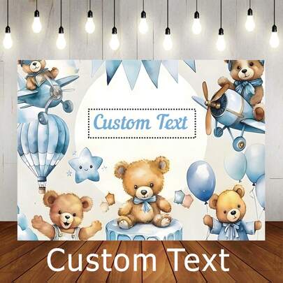 Diseño de texto personalizado Fondo azul con oso piloto, bandera de globo aerostático azul con estrella y diseño adorable de oso de peluche, ideal para baño de bebé, cumpleaños y fotografía de retrato, material de vinilo