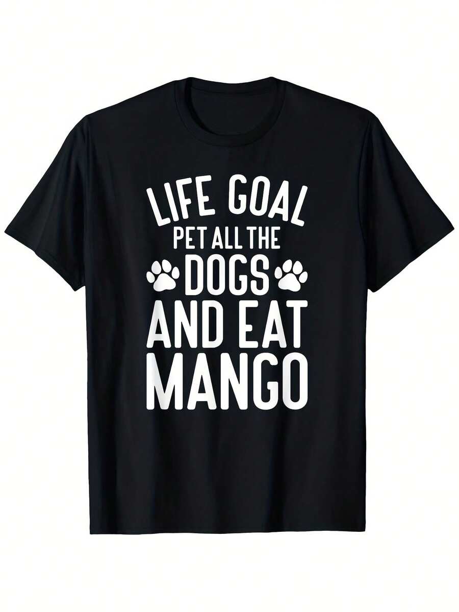 Camiseta gráfica "Life Goal Pet All the Dogs & Eat Mango" para hombre - 100 % algodón, 180 g, cuello redondo, informal, de alta gramaje, con diseño de huella de pata, tallas S-XXXL, Mango Pet Lover, tela divertida - Negro 27 - Ver 1