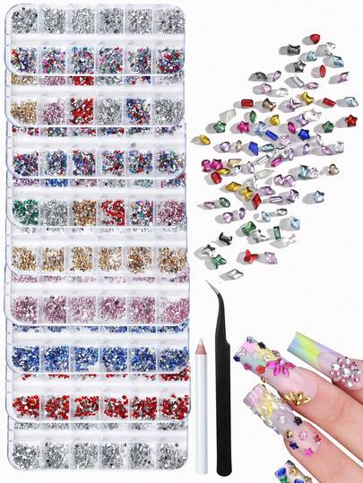 1/9 Boxes (12/108Gird) (996/8964Pcs) Colorful Rhinestones Nail Art Charms 3D Flatback Rhinestones For Nails Art Design Heart Star Flower Nail Diamonds Kawaii Nail Crafts Acrylic Diamonds For Women Manicure Nail Supplies