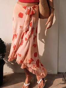 Yuyi服装 花卉玫瑰蝴蝶印花 满版印花叶子图案 波西米亚荷叶边系带蝴蝶结雪纺沙滩花园夏季女裙 - 粉色 - 查看 3