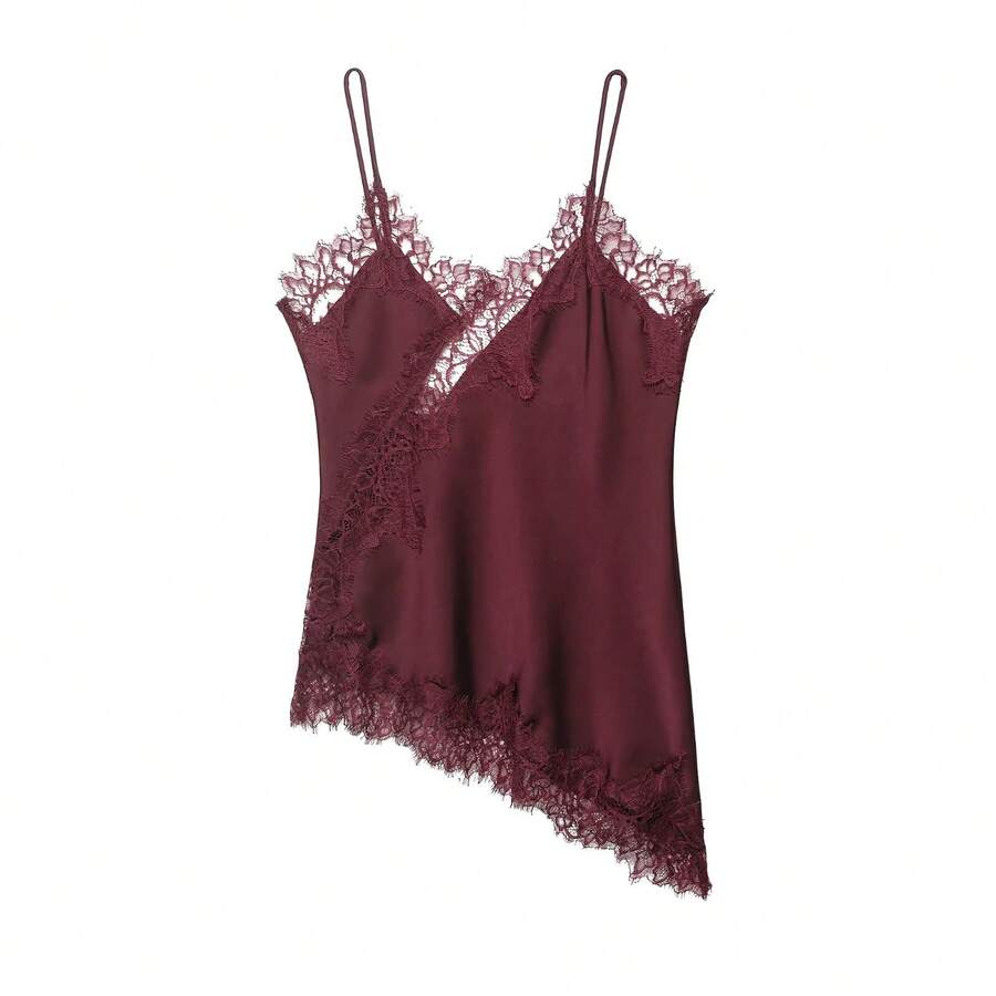 Model Terbaru Atasan Camisole Wanita dengan Dekorasi Renda, Gaya Musim Panas Eropa dan Amerika - Merah tua - View 1