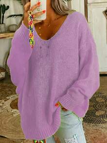 New Bright Color Plus Size Women's Elegant V-Neck Sweater - Solid Bright Yellow, Summer Autumn Versatile Fashion Solid Color Knit Ribbed Plus Fall - Purple - View 8