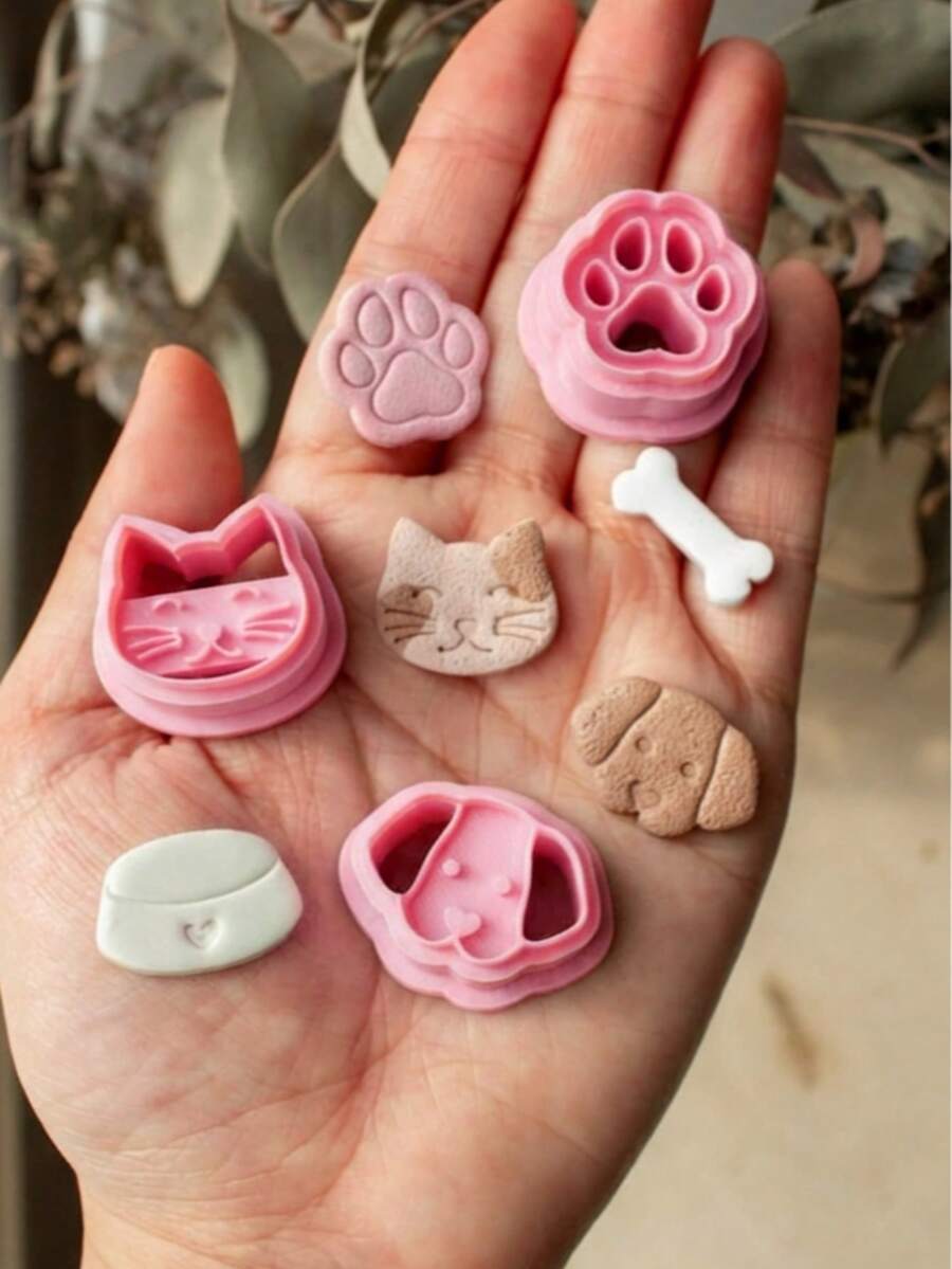 1/5Pcs Playful Pet Polymer Clay Cutters – Pastel Pink Cat Dog Paw Print Shapes, Boho Chic Craft Tools For DIY Earrings, Jewelry Charms & Pet Lover Gifts - Pink - View 1
