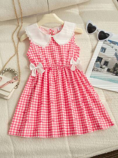 Girls' Casual Outing Fashion Plaid Bow Print Floral Ruffle Decor 3D Bow Back Keyhole Hem Knee-Length Sleeveless Dress, Spring/Summer