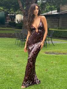 Women's Sequin Formal Dress V-Neck Sleeveless Backless Sparkle Long Evening Maxi Party Prom Dress - Màu nâu Sô-cô-la - Xem 3