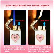 Cute Lighter, Dual Flame Windproof Lighter, Heart/Snake Design Lighter, Metal Embossed Rhinestone Butane Torch Lighter, Refillable Adjustable Flame - 心臟(不含氣體) - 查看 7