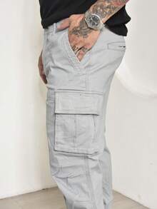 Men's Casual Cargo Pants In Twill With Multi-Pockets And Lycra - Light Grey - View 4