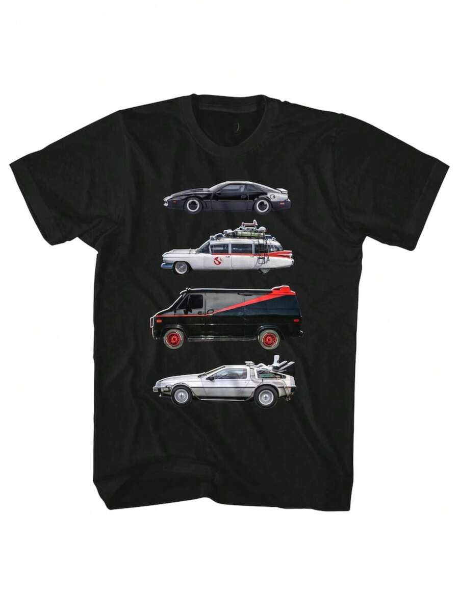 1 Piece Men's 80s Retro TV & Movie Cars T-Shirt - % Cotton Crew Neck - Shirt With KITT (Rider), A-Van, Back To The Future & -1 Graphics - Iconic 80s Pop Culture Loose Fit Casual T-Shirt - 黑色 - 查看 1