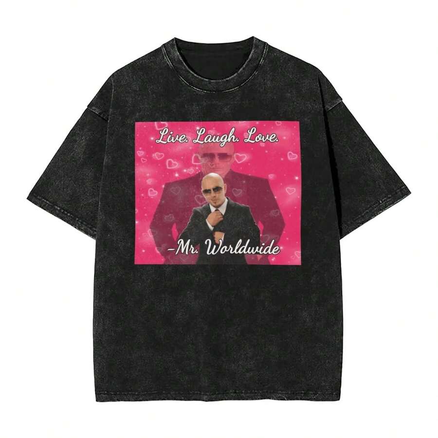 Mr Worldwide Pitbull T-Shirt Hippie T-Shirts Short Sleeve Streetwear Tops Beach Cotton O Neck Big Size Tees - 黑色 - 查看 1