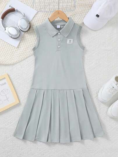 Purechapter 1pc Tween Girls' Summer Polo Dress, Solid Color Button Polo Collar Ribbed Sleeveless Patch Design, Pleated Skirt, Suitable For 8-12 Years Old Girls' Casual, Commute, Outdoor Sports, Holiday Gift, Back To School