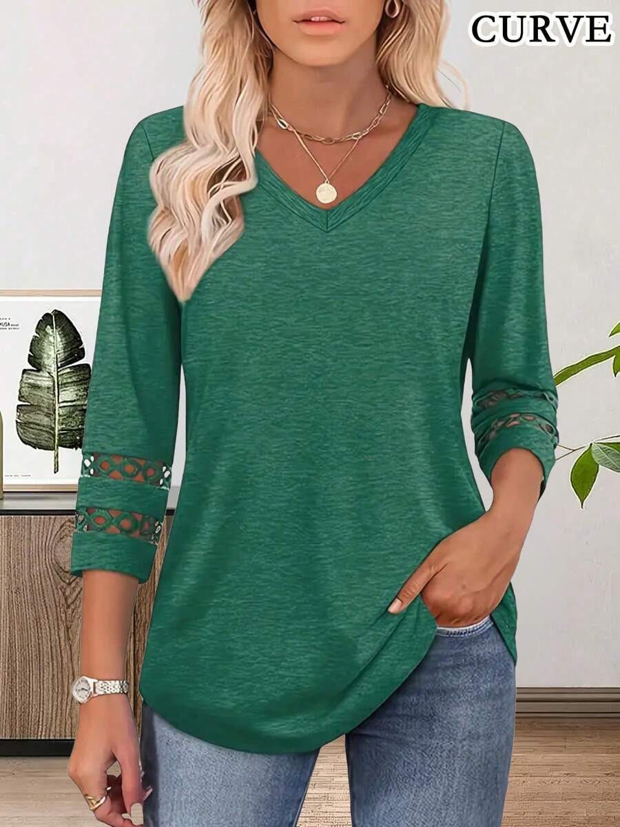 大码女式V领七分袖休闲T恤上衣,秋季服装 - 墨綠色 - 查看 1