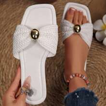 Women's Bow Sandals With Slides And Slippers Dressy Square Open Toe Comfortable Summer Casual Vacation Beach Shoes Flats - 白色 - 查看 3
