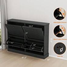 Space-Saving Shoe Cabinet Organizer With 4 Flip-Down Drawers & Adjustable Shelves, Narrow Freestanding Wooden Storage For Entryway Hallway - màu đen - Xem 3