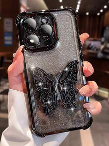 Luxury Electroplated Phone Case With Creative Butterfly Stand Holder, Rhinestone Glitter Sparkle Y2k Style, Summer New Fashion Silicone Shockproof Protective Soft Cover Compatible With IPhone 16 16e 15 14 13 12 11 X XS XR 8 7 Plus Pro Max Mini, Samgsung Galaxy S24 S25 Ultra, Compatible With Xiaomi Redmi, Compatible With Huawei Honor OPPO Reno MOTO Infinix Men / Women 2025 - Black - View 2