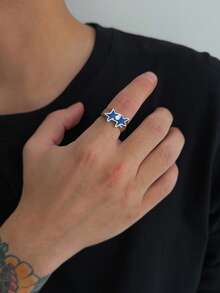 1pc Retro Geometric Arc Drip Oil Five-Pointed Star Charm Metal Open Ring, Rockstar Punk High-End, Casual Minimalist, Street Snap, Daily Holiday Versatile Jewelry Fashion Men's Ring Gift - Ring - View 10