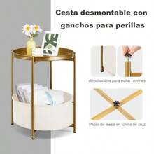 mesa de centro salaMesa Auxiliar Redonda con Cajón de Tela y Base Dorada - Mesita de Noche para Recámara Mesa Lateral para Sala Organizador Compacto con Almacenamiento Elegante - como en la foto - Ver 4