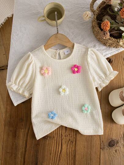 Girls' Casual Solid Color 3D Floral Back Keyhole Short Sleeve T-Shirt, Princess Sleeve, Spring/Summer