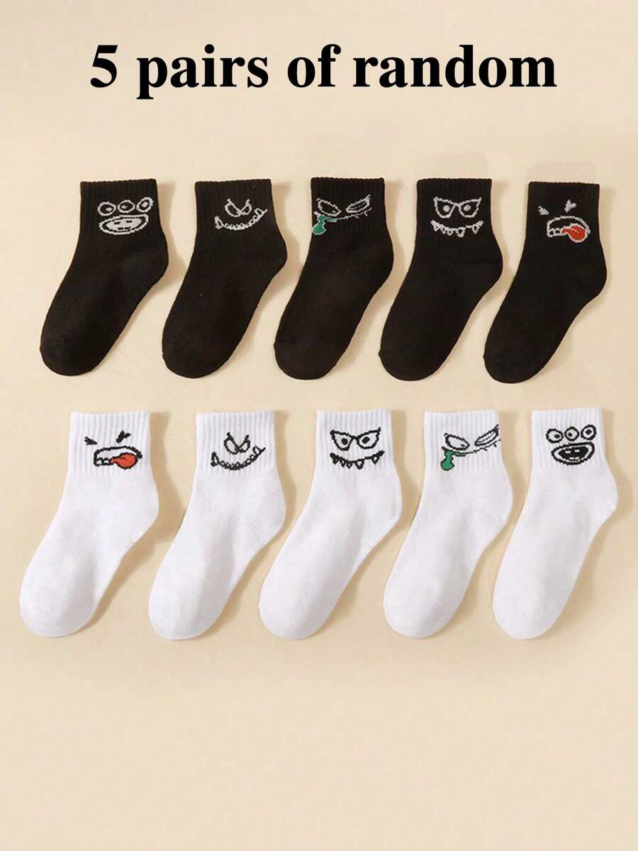 5 Pairs Random Black & White Cartoon Funny Mid-Calf Socks, Breathable Kids Socks, Fashion Versatile For Boys And Girls, Graffiti Expressions - Multicolor - View 1