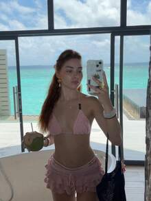 2026 Spring/Summer New Women's Casual Fashion Set, Hollow Deep V-Neck Halter Knit Top And Waist Tie Multi-Layer Ruffle Knit Skirt, Y2K Cute Pink Beach Holiday 2-Piece Outfit, Suitable For Beach Dates, Beach Parties, Music Festivals, Casual Travel - Pink - View 8