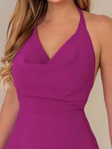 Yasmin Halter Neck Long Dress With Tie Straps, Formal Evening Party Dress, Wedding, Graduation, Flowing Long Skirt With Lining And Slit, NM Nana Marie - 玫瑰紅 - 查看 3